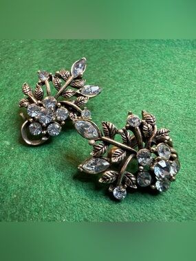 Vintage Coro Light Blue Rhinestone Leaf Clip-On Earrings